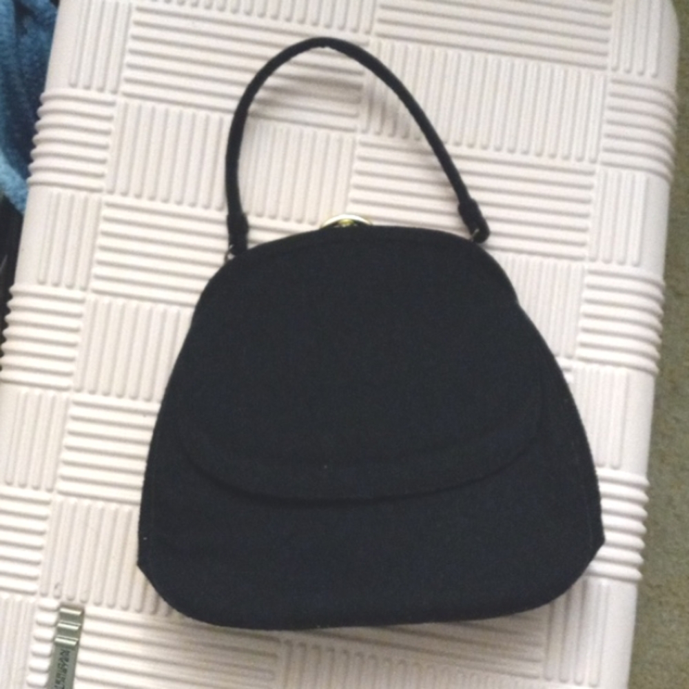 Vtg. CROWN LEWIS Black Wool Purse/Bag One Top Handle Front Flap Kisslock